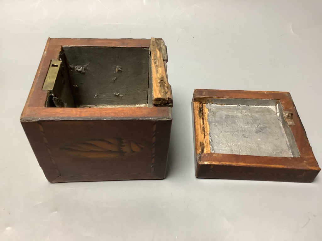 A pair of Max Hartmann copper alloy candlesticks, Georgian tea caddy, Treen and papier-mâché boxes